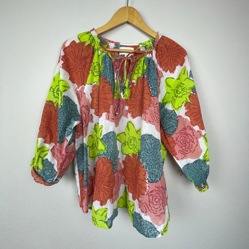 Sohana Hand-Crafted Cotton Floral Boho Top‎ Frayed Edges and 3/4 Sleeves Size L